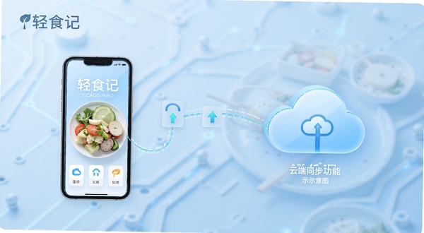 轻食记云端同步功能示意图,手机与云端图标连接展示数据备份过程,背景为科技感浅蓝色,画面中有轻食记应用名称,整体简洁现代