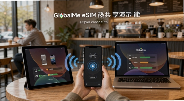 GlocalMe eSIM热点共享功能演示图，画面中一部手机开启热点，周围有平板电脑和笔记本电脑通过无线信号连接，屏幕上显示已连接设备图标与流量分配比例，背景为现代咖啡馆环境，整体色调温暖舒适