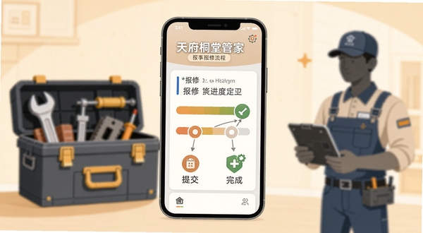 天府桐堂管家 报事报修流程示意图 画面主体为手机屏幕显示报修工单进度条 从提交到完成共四个节点 背景为维修工具箱与物业人员剪影 柔和暖色调 扁平化风格 突出便捷高效