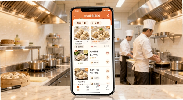 三津汤包商城APP首页界面展示，画面中央为手机屏幕内呈现商品分类与订货列表，背景为明亮整洁的餐饮后厨环境，整体色调温暖专业