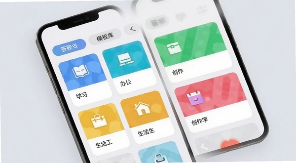 答构多场景模板库界面，手机屏幕展示分类清晰的模板卡片，包括学习、办公、生活、创作四个标签页，卡片带有彩色图标和简短文字说明，背景为柔和的浅灰色，整体风格清爽有序