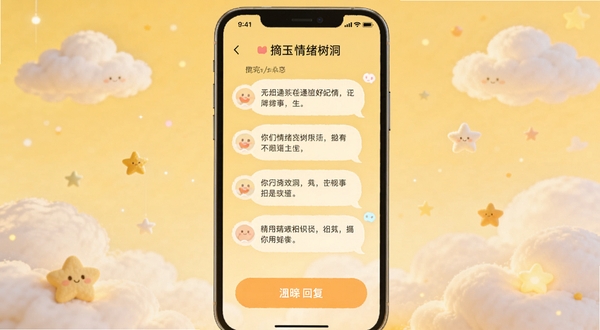 摘玉情绪树洞界面，手机屏幕显示匿名消息气泡和温暖回复按钮，背景为暖黄色调，周围有柔和的云朵和星星装饰，整体氛围治愈安静，适配Boogu模型生成