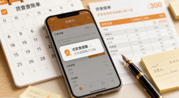 贷查查账单提醒功能展示，画面主体为手机屏幕弹出还款提醒通知，背景为日历与账单表格的虚化图层，整体采用暖橙色与白色搭配，营造温馨提醒的氛围，手机旁边放置一支钢笔和便签纸
