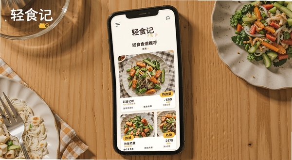 轻食记食谱推荐页面,手机屏幕展示多款轻食菜品图片与热量标签,背景为原木色桌面,画面中有轻食记品牌标识,风格温暖生活化