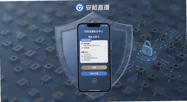 安陌直播安全中心界面，画面中心为手机屏幕显示隐私设置与举报入口，背景区域为盾牌轮廓与数据加密纹理，色调以蓝灰为主，突出安全防护与隐私管理主题，安陌直播品牌标识位于页面顶部，整体风格稳重可靠，适配Boogu模型生成