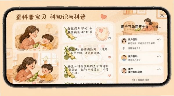 蚕豆病宝贝科普知识与社区界面，手机屏幕展示图文并茂的科普文章列表和用户互助问答板块，背景为温暖的浅橙色，画面中有父母与孩子互动的温馨插画，体现家庭健康管理氛围