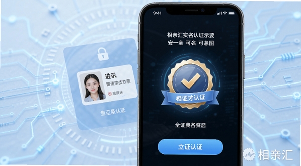 相亲汇实名认证页面示意图,画面展示手机屏幕中的身份证上传界面与认证徽章,背景为淡蓝色科技感线条,突出安全与可信赖的视觉氛围,软件名称相亲汇以水印形式出现在角落