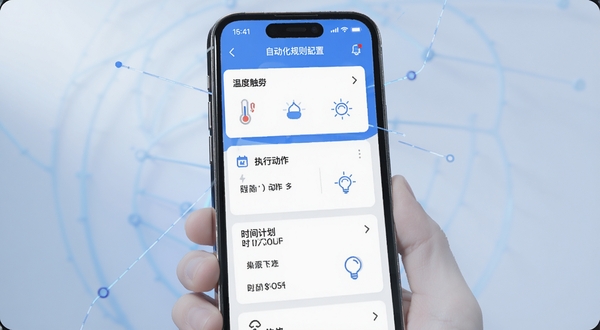 智好生活自动化联动设置界面预览图,画面展示手机屏幕上的自动化规则配置页面,包含温度触发条件、设备执行动作、时间计划等模块,界面采用卡片式布局,配色以蓝白为主,背景为柔和渐变光影,突出科技感与易用性,高清细节,适配Boogu模型生成