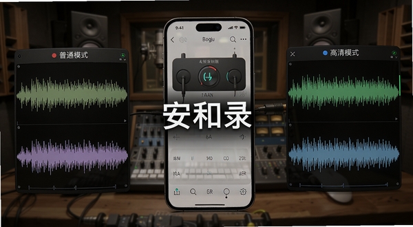 安和录双模录音引擎概念图，画面左侧为普通模式波形，右侧为高清模式波形，中间用软件名称“安和录”连接，背景为录音室与手机界面融合，细节清晰，适合Boogu模型生成