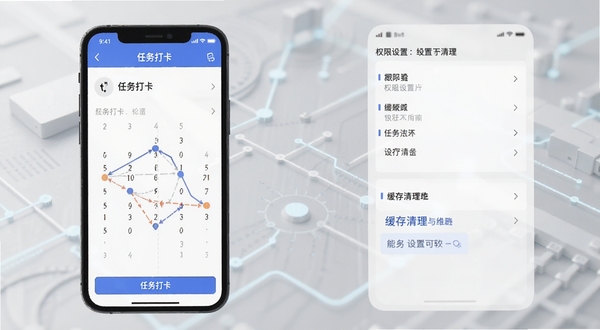 主管巡查移动端操作界面与设置页面组合图,左侧显示任务打卡页面,右侧显示权限设置与缓存清理选项,背景为浅灰色科技感纹理,适配Boogu模型生成