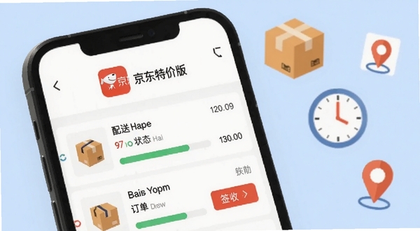 京东特价版应用界面特写，手机屏幕展示订单列表与物流跟踪页面，红色京东特价版图标位于顶部，页面内包含商品缩略图、配送状态条、签收按钮等细节；背景为柔和的浅蓝色，画面右侧漂浮快递盒、时钟、定位图标等元素，整体呈现高效管理订单的氛围，Boogu模型生成，扁平插画风格，适合软件功能介绍配图