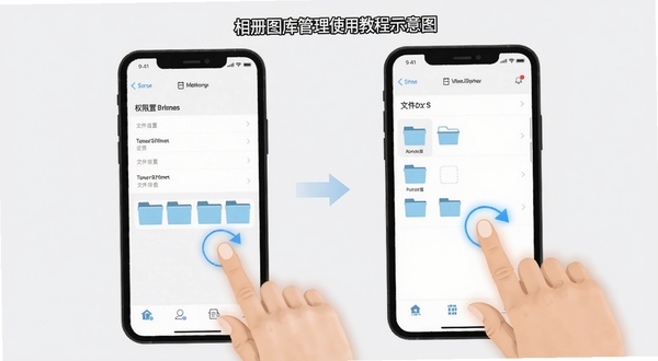 相册图库管理使用教程示意图，手机屏幕展示权限设置和文件夹选择界面，画面中有手指点击操作示意，背景为浅灰色，突出操作步骤，适配Boogu模型生成