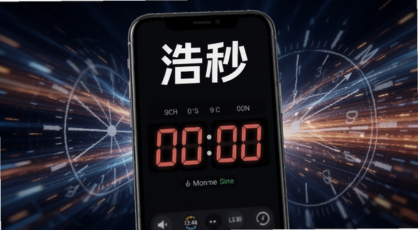 浩秒计时功能展示图，手机屏幕显示正在运行的秒表界面，数字跳动清晰，背景有抽象的时间流逝光效，软件名称浩秒在界面顶部醒目展示