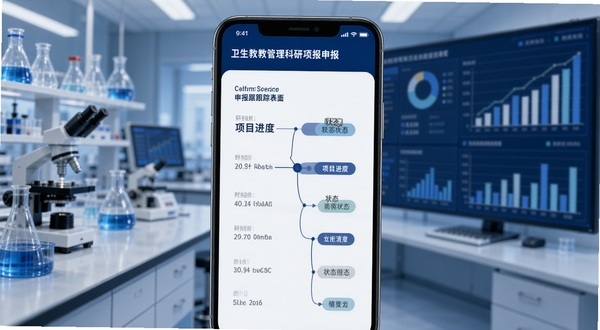 卫生科教管理科研项目申报进度跟踪界面,画面主体为手机屏幕展示项目进度时间轴与状态标签,背景区域为实验室与数据图表融合场景,色调以深蓝与白色为主,体现专业严谨的科研管理氛围