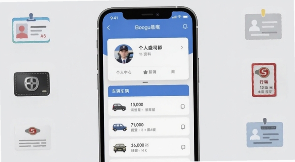 联帮盛司机端个人中心与车辆管理界面,画面为手机屏幕展示个人资料卡片和车辆列表,屏幕背景为浅灰色简约风格,周围有身份证、驾驶证、行驶证等证件图标点缀,整体干净整洁,适合Boogu模型生成