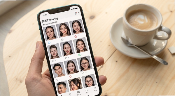 秀脸FacePlay海量模板库界面，画面主体为手机屏幕中排列整齐的换脸模板缩略图，背景区域为浅色木质桌面与一杯咖啡，整体氛围轻松休闲，突出模板丰富与每日更新特点