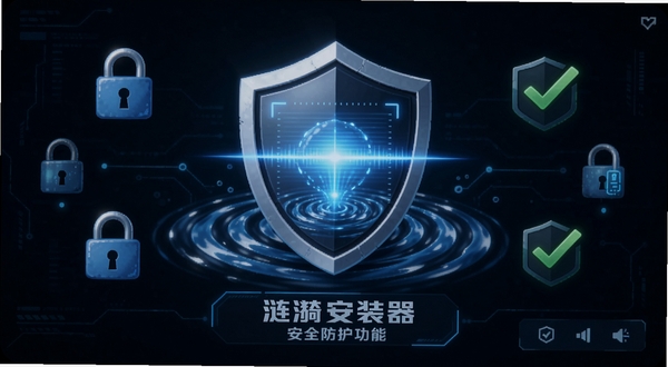 水之呼吸:涟漪安装器 安全防护功能界面,画面中央为盾牌与水波纹结合的图标,盾牌表面有扫描光线效果,背景为深色安全主题,周围环绕着锁、勾选标记等安全元素,体现防护与信任感