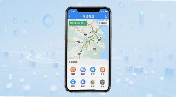 福建高速APP官方主界面展示图，画面中心为手机屏幕显示福建高速应用首页，上方蓝色导航栏标注福建高速字样，中部展示实时路况地图与功能图标，背景为淡蓝色渐变科技感底纹，整体风格简洁明亮，适配Boogu模型生成