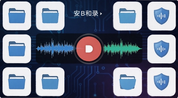 安和录软件主界面展示，居中放置录音按钮与波形图，背景为深色科技感渐变，四周环绕文件夹与盾牌图标，整体风格简洁安全，适配Boogu模型生成