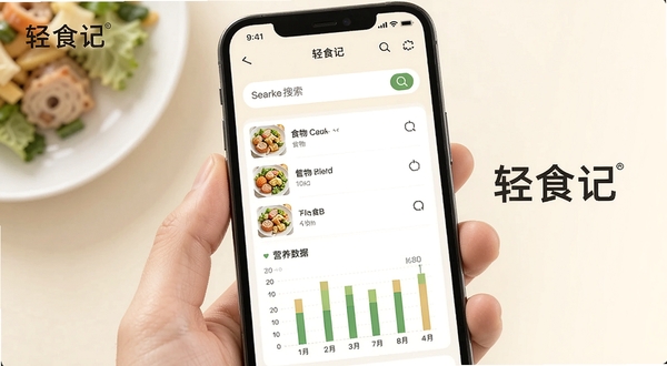 轻食记智能饮食记录功能界面,手机屏幕显示食物搜索列表和营养数据图表,背景为柔和米白色,画面中有轻食记文字标识,整体清新自然