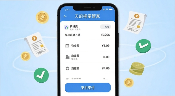 天府桐堂管家 在线缴费界面展示图 画面中央为手机屏幕特写 屏幕内显示物业费账单列表与支付按钮 周围环绕金币、账单、对勾等小图标 背景为浅蓝色渐变 扁平插画风格 简洁商务感
