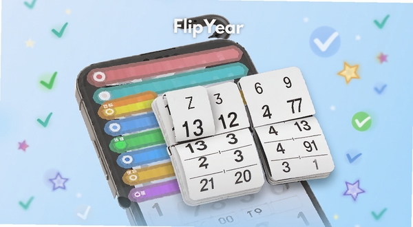 FlipYear 软件功能展示图，手机屏幕中显示多个彩色目标进度条与翻页日历卡片重叠排列，背景为淡蓝色渐变，点缀对勾图标和星星标记，画面简洁明快，突出目标追踪与成就反馈