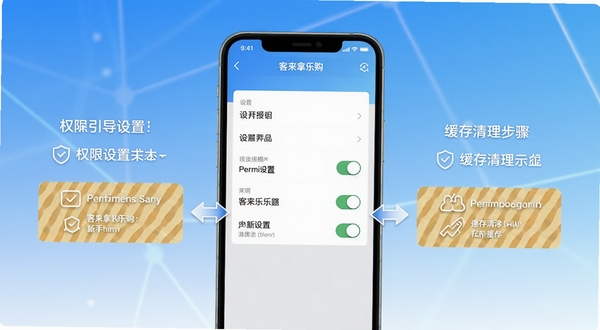 客徕拿乐购应用在新手引导页面展示权限设置与缓存清理步骤的示意图，画面主体为手机屏幕中显示设置菜单与权限开关，背景为简洁的蓝色渐变，突出操作指引的清晰感