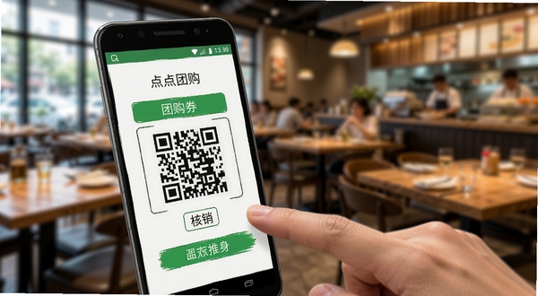 点点团购移动端操作界面示意图，画面展示一部安卓手机正在显示团购券二维码核销页面，旁边有手指点击屏幕的动作，背景是模糊的餐厅环境，整体风格真实贴近生活