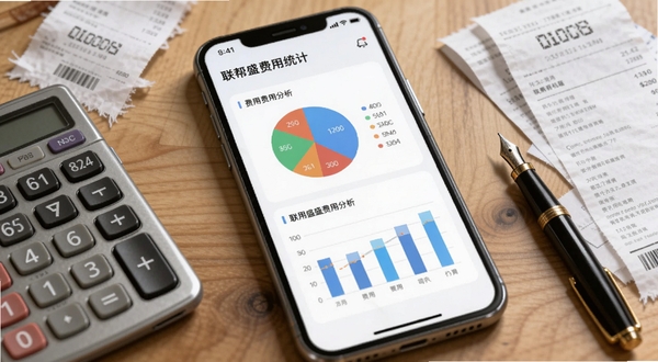 联帮盛司机端费用统计页面,画面中央为手机屏幕展示饼状图与柱状图组合的费用分析界面,屏幕旁边散落计算器、票据、钢笔等办公物品,背景为木质桌面,光线柔和,适合Boogu模型生成