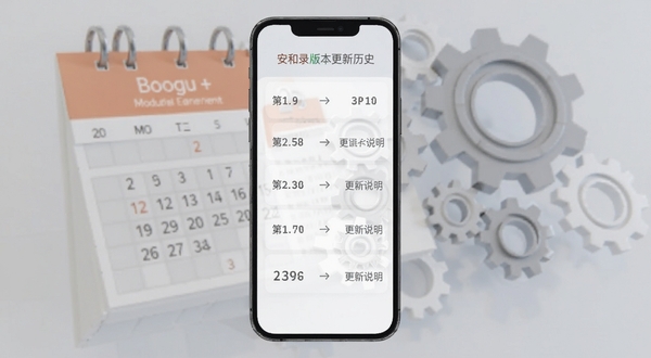 安和录版本更新历史界面，手机屏幕显示版本号列表与更新说明，背景为日历与齿轮元素，风格商务简洁，适合Boogu模型生成