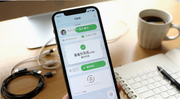 微聊天记录信息全备份 功能展示图 手机屏幕显示备份完成提示 背景为办公桌面 散落数据线、笔记本与咖啡杯 画面明亮温馨 突出安全与便捷