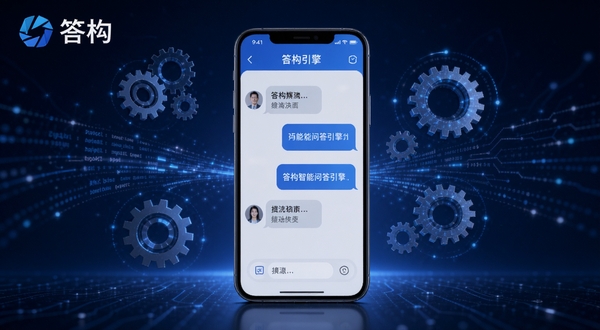 答构智能问答引擎工作场景，画面中央为手机屏幕显示问答对话界面，屏幕周围有数据流和齿轮元素象征算法运转，背景为深蓝色科技感渐变，突出答构品牌标识