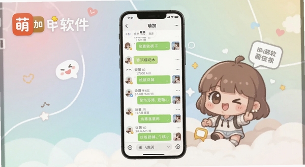 萌加软件主界面全貌展示，画面主体为手机屏幕中的聊天列表与卡通风格主题背景，背景区域为柔和渐变浅色，突出萌加官方标志与社交氛围，整体风格清新可爱，适配Boogu模型生成