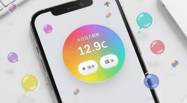 彩虹解压盒子-减压放松神器桌面小组件展示图,手机屏幕中央放置着一个彩虹渐变色的圆形小组件,上面显示今日压力指数和快捷解压按钮,背景是简洁的浅灰色桌面壁纸,周围散落着几个彩色气泡图标,整体风格清爽现代,突出便捷操作的特点
