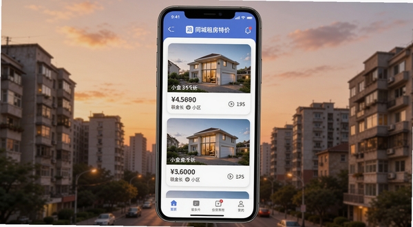 一款名为同城租房特价的手机应用界面，画面中央展示房源列表卡片，每张卡片上有房屋图片、租金价格和小区名称；背景是城市住宅楼群与暖色调的傍晚天空，整体风格简洁明快，突出找房便捷感