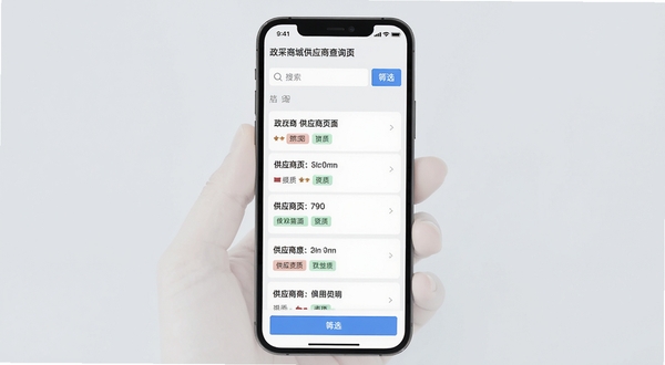 政采商城供应商查询页面,手机界面显示供应商列表与资质标签,带有搜索框和筛选按钮,画面风格为清爽浅色系,背景为淡灰色,突出查询功能的专业性