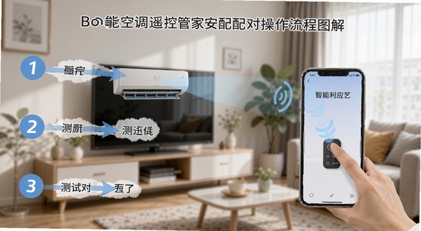智能空调遥控管家安装配对操作流程图解，画面展示手机对准空调按下测试键的场景，旁边有步骤编号和箭头指引，背景为客厅环境，清晰直观，适合Boogu模型生成
