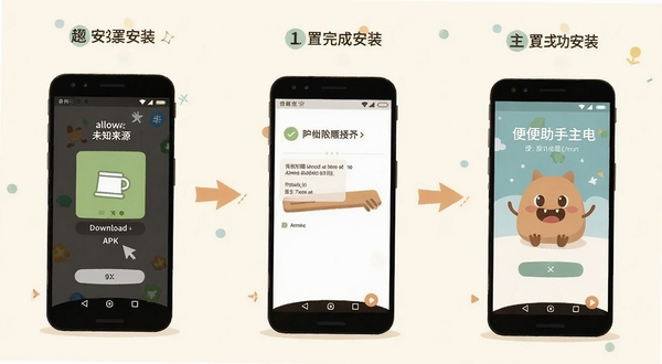 便便助手应用在安卓手机上的安装设置流程示意图，画面展示手机屏幕从下载APK到完成安装的三个步骤，包括允许未知来源安装、权限授予界面和主界面成功打开的画面，风格为扁平化插画，色调温暖柔和