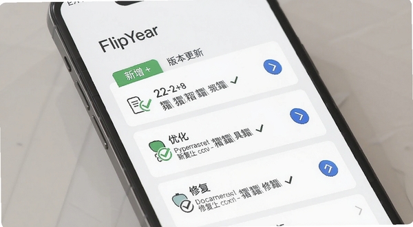 FlipYear 版本更新界面截图，手机屏幕显示更新日志列表，包含新增、优化、修复三类标签，背景为白色卡片式布局，点缀绿色对勾和蓝色箭头图标，风格清爽商务