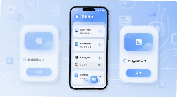 政采商城版本更新功能展示图,手机屏幕呈现更新日志列表与新增功能入口,画面采用柔和圆角卡片风格,背景为淡蓝色渐变,突出版本迭代的科技感