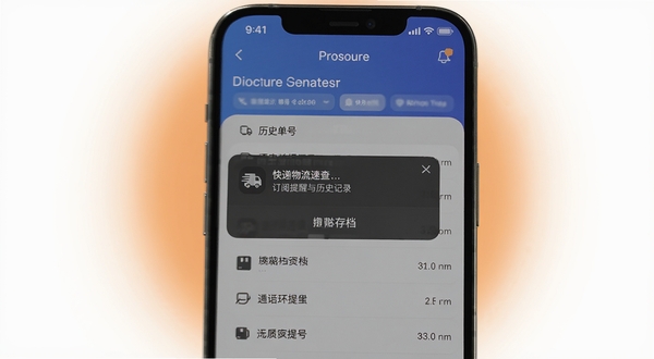 快递物流速查订阅提醒与历史记录界面，手机屏幕展示通知弹窗与历史单号列表，背景为柔和橙色光晕，突出提醒与存档功能