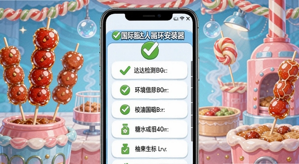 糖葫芦达人国际服安装器环境检测功能界面，手机屏幕上显示绿色对勾和检测项目列表，背景是糖果工厂风格，有糖葫芦串装饰，画面明亮清晰