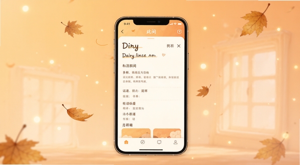 一张温暖治愈风格的手机应用界面展示图,画面中央是一部手机,屏幕上显示着此间App的日记编辑页面,背景是柔和的暖橙色渐变,周围点缀着飘落的树叶和微弱的光斑,整体氛围安静平和,适合作为软件下载站的预览头图