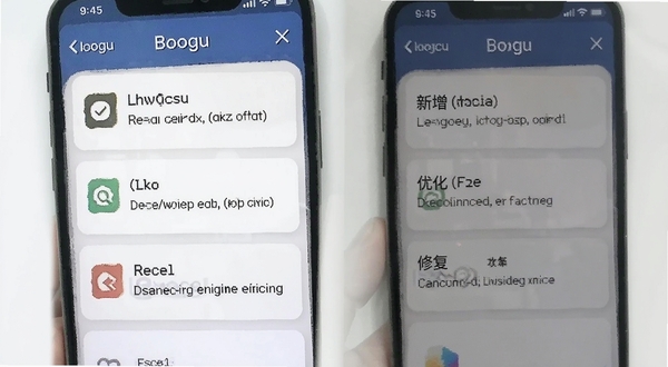 相册图库管理版本更新界面截图，手机屏幕显示更新日志列表，包含新增、优化、修复等条目，背景为白色卡片式设计，适配Boogu模型生成