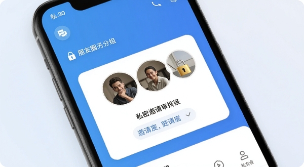 私圈 手机界面 好友圈子分组卡片 私密锁 邀请审核 蓝色渐变背景 简洁社交应用UI 高清细节