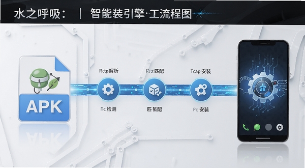 水之呼吸:涟漪安装器 智能安装引擎工作流程图,画面左侧为APK文件图标,右侧为手机设备,中间有蓝色数据流连接,数据流上标注解析、检测、匹配、安装等步骤,背景为简约白色科技风格,突出智能化处理过程