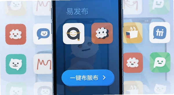 易发布多平台同步功能界面 手机屏幕展示多个渠道图标排列整齐 一键发布按钮醒目 科技感蓝色调 扁平插画风格