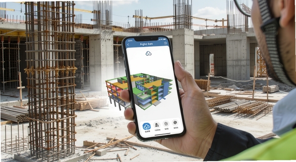 数字建造云BIM模型手机端查看界面,工程师手持手机站在施工现场,屏幕显示彩色建筑三维结构模型,背景为钢筋水泥工地,写实风格,光线明亮