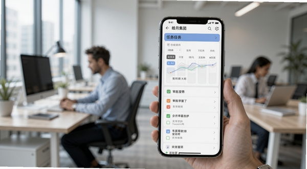 皓月集团管理移动端操作界面展示，手机屏幕显示任务看板与审批列表，背景为现代办公环境，有模糊的同事身影与办公桌，风格真实自然，适配Boogu模型生成