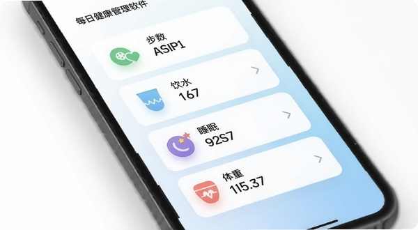 每日健康管理软件的数据面板界面截图,画面中央展示四张健康数据卡片纵向排列,分别标注步数、饮水、睡眠、体重,每张卡片配有简约图标和数字,背景为白色到浅蓝色渐变,手机屏幕占据画面主体,周围留有柔和阴影,整体视觉清爽干净